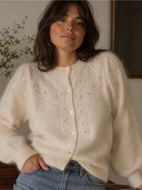 Vintage Angora Cardigan Sweater Cream Embroidered Pearls Fuzzy Women’s Size Med